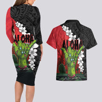 Hawaiian Halloween Couples Matching Long Sleeve Bodycon Dress and Hawaiian Shirt Horror Shaka Hand with Plumeria and Polynesian Tattoo Blood Color LT03 - Polynesian Pride