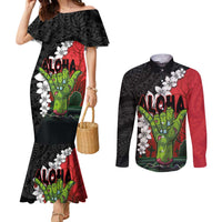 Hawaiian Halloween Couples Matching Mermaid Dress and Long Sleeve Button Shirt Horror Shaka Hand with Plumeria and Polynesian Tattoo Blood Color LT03 Red - Polynesian Pride