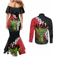 Hawaiian Halloween Couples Matching Mermaid Dress and Long Sleeve Button Shirt Horror Shaka Hand with Plumeria and Polynesian Tattoo Blood Color LT03 - Polynesian Pride