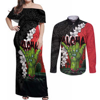 Hawaiian Halloween Couples Matching Off Shoulder Maxi Dress and Long Sleeve Button Shirt Horror Shaka Hand with Plumeria and Polynesian Tattoo Blood Color LT03 Red - Polynesian Pride
