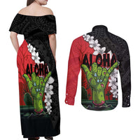 Hawaiian Halloween Couples Matching Off Shoulder Maxi Dress and Long Sleeve Button Shirt Horror Shaka Hand with Plumeria and Polynesian Tattoo Blood Color LT03 - Polynesian Pride