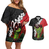 Hawaiian Halloween Couples Matching Off Shoulder Short Dress and Hawaiian Shirt Horror Shaka Hand with Plumeria and Polynesian Tattoo Blood Color LT03 Red - Polynesian Pride