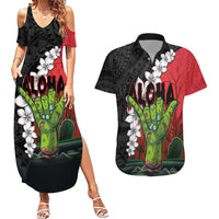 Hawaiian Halloween Couples Matching Summer Maxi Dress and Hawaiian Shirt Horror Shaka Hand with Plumeria and Polynesian Tattoo Blood Color LT03 Red - Polynesian Pride