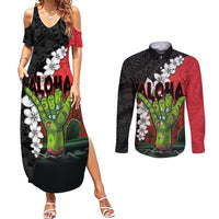Hawaiian Halloween Couples Matching Summer Maxi Dress and Long Sleeve Button Shirt Horror Shaka Hand with Plumeria and Polynesian Tattoo Blood Color LT03 Red - Polynesian Pride