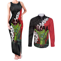 Hawaiian Halloween Couples Matching Tank Maxi Dress and Long Sleeve Button Shirt Horror Shaka Hand with Plumeria and Polynesian Tattoo Blood Color LT03 Red - Polynesian Pride
