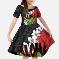 Hawaiian Halloween Family Matching Long Sleeve Bodycon Dress and Hawaiian Shirt Horror Shaka Hand with Plumeria and Polynesian Tattoo Blood Color LT03 Daughter's Dress Red - Polynesian Pride