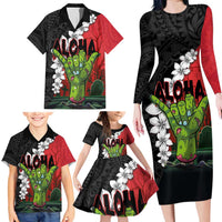 Hawaiian Halloween Family Matching Long Sleeve Bodycon Dress and Hawaiian Shirt Horror Shaka Hand with Plumeria and Polynesian Tattoo Blood Color LT03 - Polynesian Pride