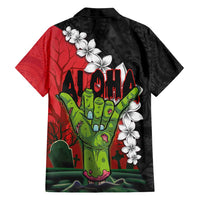 Hawaiian Halloween Family Matching Long Sleeve Bodycon Dress and Hawaiian Shirt Horror Shaka Hand with Plumeria and Polynesian Tattoo Blood Color LT03 - Polynesian Pride