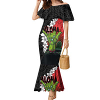 Hawaiian Halloween Family Matching Mermaid Dress and Hawaiian Shirt Horror Shaka Hand with Plumeria and Polynesian Tattoo Blood Color LT03 Mom's Dress Red - Polynesian Pride