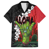 Hawaiian Halloween Family Matching Off The Shoulder Long Sleeve Dress and Hawaiian Shirt Horror Shaka Hand with Plumeria and Polynesian Tattoo Blood Color LT03 Dad's Shirt - Short Sleeve Red - Polynesian Pride