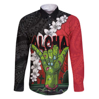 Hawaiian Halloween Family Matching Off The Shoulder Long Sleeve Dress and Hawaiian Shirt Horror Shaka Hand with Plumeria and Polynesian Tattoo Blood Color LT03 Dad's Shirt - Long Sleeve Red - Polynesian Pride