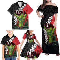 Hawaiian Halloween Family Matching Off Shoulder Maxi Dress and Hawaiian Shirt Horror Shaka Hand with Plumeria and Polynesian Tattoo Blood Color LT03 - Polynesian Pride