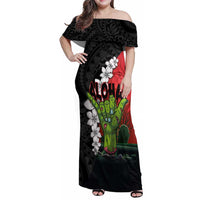 Hawaiian Halloween Family Matching Off Shoulder Maxi Dress and Hawaiian Shirt Horror Shaka Hand with Plumeria and Polynesian Tattoo Blood Color LT03 Mom's Dress Red - Polynesian Pride