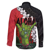 Hawaiian Halloween Family Matching Tank Maxi Dress and Hawaiian Shirt Horror Shaka Hand with Plumeria and Polynesian Tattoo Blood Color LT03 - Polynesian Pride