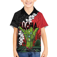 Hawaiian Halloween Family Matching Tank Maxi Dress and Hawaiian Shirt Horror Shaka Hand with Plumeria and Polynesian Tattoo Blood Color LT03 Son's Shirt Red - Polynesian Pride