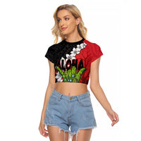 Hawaiian Halloween Raglan Cropped T Shirt Horror Shaka Hand with Plumeria and Polynesian Tattoo Blood Color