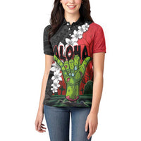 Hawaiian Halloween Women Polo Shirt Horror Shaka Hand with Plumeria and Polynesian Tattoo Blood Color LT03 - Polynesian Pride