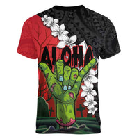 Hawaiian Halloween Women V-Neck T-Shirt Horror Shaka Hand with Plumeria and Polynesian Tattoo Blood Color
