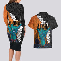 Hawaiian Halloween Couples Matching Long Sleeve Bodycon Dress and Hawaiian Shirt Horror Shaka Hand with Plumeria and Polynesian Tattoo Autumn Color LT03 - Polynesian Pride