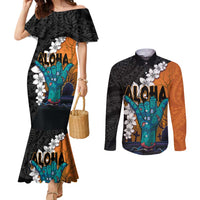 Hawaiian Halloween Couples Matching Mermaid Dress and Long Sleeve Button Shirt Horror Shaka Hand with Plumeria and Polynesian Tattoo Autumn Color LT03 Orange - Polynesian Pride