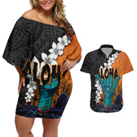 Hawaiian Halloween Couples Matching Off Shoulder Short Dress and Hawaiian Shirt Horror Shaka Hand with Plumeria and Polynesian Tattoo Autumn Color LT03 Orange - Polynesian Pride