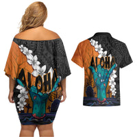 Hawaiian Halloween Couples Matching Off Shoulder Short Dress and Hawaiian Shirt Horror Shaka Hand with Plumeria and Polynesian Tattoo Autumn Color LT03 - Polynesian Pride