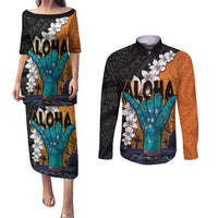 Hawaiian Halloween Couples Matching Puletasi and Long Sleeve Button Shirt Horror Shaka Hand with Plumeria and Polynesian Tattoo Autumn Color LT03 Orange - Polynesian Pride