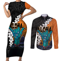 Hawaiian Halloween Couples Matching Short Sleeve Bodycon Dress and Long Sleeve Button Shirt Horror Shaka Hand with Plumeria and Polynesian Tattoo Autumn Color LT03 Orange - Polynesian Pride