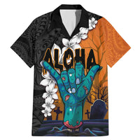 Hawaiian Halloween Family Matching Mermaid Dress and Hawaiian Shirt Horror Shaka Hand with Plumeria and Polynesian Tattoo Autumn Color LT03 Dad's Shirt - Short Sleeve Orange - Polynesian Pride