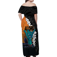 Hawaiian Halloween Family Matching Off Shoulder Maxi Dress and Hawaiian Shirt Horror Shaka Hand with Plumeria and Polynesian Tattoo Autumn Color LT03 - Polynesian Pride
