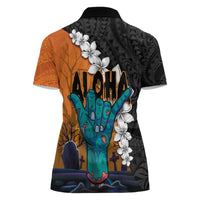 Hawaiian Halloween Women Polo Shirt Horror Shaka Hand with Plumeria and Polynesian Tattoo Autumn Color LT03 - Polynesian Pride
