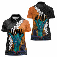 Hawaiian Halloween Women Polo Shirt Horror Shaka Hand with Plumeria and Polynesian Tattoo Autumn Color LT03 - Polynesian Pride