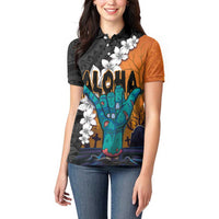 Hawaiian Halloween Women Polo Shirt Horror Shaka Hand with Plumeria and Polynesian Tattoo Autumn Color LT03 - Polynesian Pride