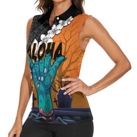 Hawaiian Halloween Women Sleeveless Polo Shirt Horror Shaka Hand with Plumeria and Polynesian Tattoo Autumn Color
