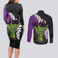 Hawaiian Halloween Couples Matching Long Sleeve Bodycon Dress and Long Sleeve Button Shirt Horror Shaka Hand with Plumeria and Polynesian Tattoo Midnight Color LT03 - Polynesian Pride