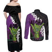 Hawaiian Halloween Couples Matching Off Shoulder Maxi Dress and Long Sleeve Button Shirt Horror Shaka Hand with Plumeria and Polynesian Tattoo Midnight Color LT03 - Polynesian Pride