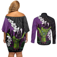 Hawaiian Halloween Couples Matching Off Shoulder Short Dress and Long Sleeve Button Shirt Horror Shaka Hand with Plumeria and Polynesian Tattoo Midnight Color LT03 - Polynesian Pride