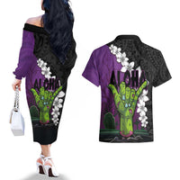Hawaiian Halloween Couples Matching Off The Shoulder Long Sleeve Dress and Hawaiian Shirt Horror Shaka Hand with Plumeria and Polynesian Tattoo Midnight Color LT03 - Polynesian Pride