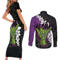 Hawaiian Halloween Couples Matching Short Sleeve Bodycon Dress and Long Sleeve Button Shirt Horror Shaka Hand with Plumeria and Polynesian Tattoo Midnight Color LT03 - Polynesian Pride