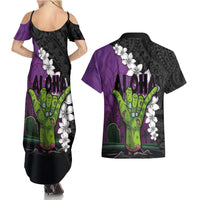 Hawaiian Halloween Couples Matching Summer Maxi Dress and Hawaiian Shirt Horror Shaka Hand with Plumeria and Polynesian Tattoo Midnight Color LT03 - Polynesian Pride