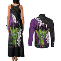 Hawaiian Halloween Couples Matching Tank Maxi Dress and Long Sleeve Button Shirt Horror Shaka Hand with Plumeria and Polynesian Tattoo Midnight Color LT03 - Polynesian Pride