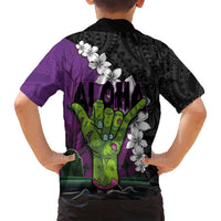 Hawaiian Halloween Family Matching Long Sleeve Bodycon Dress and Hawaiian Shirt Horror Shaka Hand with Plumeria and Polynesian Tattoo Midnight Color LT03 - Polynesian Pride