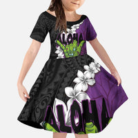 Hawaiian Halloween Family Matching Off The Shoulder Long Sleeve Dress and Hawaiian Shirt Horror Shaka Hand with Plumeria and Polynesian Tattoo Midnight Color LT03 Daughter's Dress Purple - Polynesian Pride