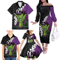 Hawaiian Halloween Family Matching Off The Shoulder Long Sleeve Dress and Hawaiian Shirt Horror Shaka Hand with Plumeria and Polynesian Tattoo Midnight Color LT03 - Polynesian Pride