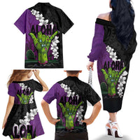 Hawaiian Halloween Family Matching Off The Shoulder Long Sleeve Dress and Hawaiian Shirt Horror Shaka Hand with Plumeria and Polynesian Tattoo Midnight Color LT03 - Polynesian Pride