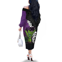 Hawaiian Halloween Family Matching Off The Shoulder Long Sleeve Dress and Hawaiian Shirt Horror Shaka Hand with Plumeria and Polynesian Tattoo Midnight Color LT03 - Polynesian Pride