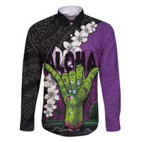 Hawaiian Halloween Family Matching Off Shoulder Short Dress and Hawaiian Shirt Horror Shaka Hand with Plumeria and Polynesian Tattoo Midnight Color LT03 Dad's Shirt - Long Sleeve Purple - Polynesian Pride