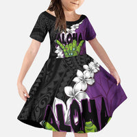 Hawaiian Halloween Family Matching Short Sleeve Bodycon Dress and Hawaiian Shirt Horror Shaka Hand with Plumeria and Polynesian Tattoo Midnight Color LT03 Daughter's Dress Purple - Polynesian Pride