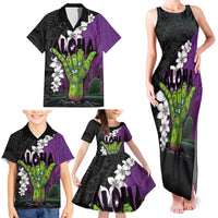 Hawaiian Halloween Family Matching Tank Maxi Dress and Hawaiian Shirt Horror Shaka Hand with Plumeria and Polynesian Tattoo Midnight Color LT03 - Polynesian Pride