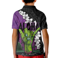 Hawaiian Halloween Kid Polo Shirt Horror Shaka Hand with Plumeria and Polynesian Tattoo Midnight Color